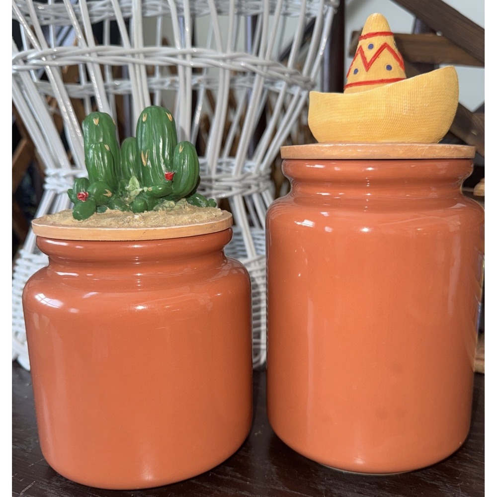 Vintage Ceramic Sombrero & Cactus 2 Piece Canisters Set W/Lid Vase